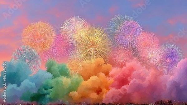 Fototapeta Colorful fireworks explode above rainbow colored clouds in a vibrant sky.