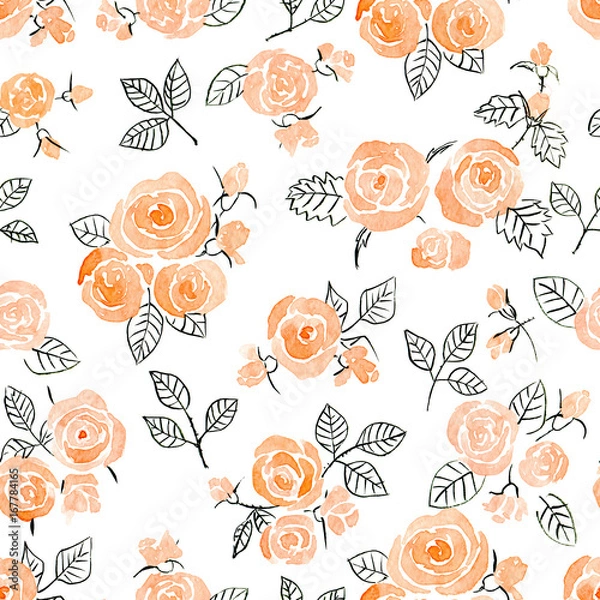 Fototapeta Seamless watercolor and ink pattern with roses and leaves on white background.