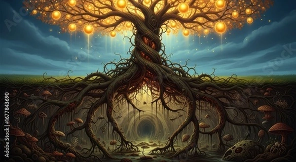 Fototapeta Fantasy tree of life art print mystical landscape with glowing orbs and roots digital painting artwork