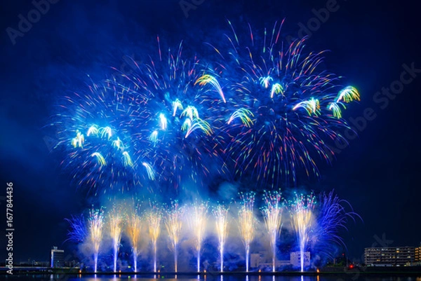 Obraz 色とりどりの花火が夜空を彩る花火大会の夜景