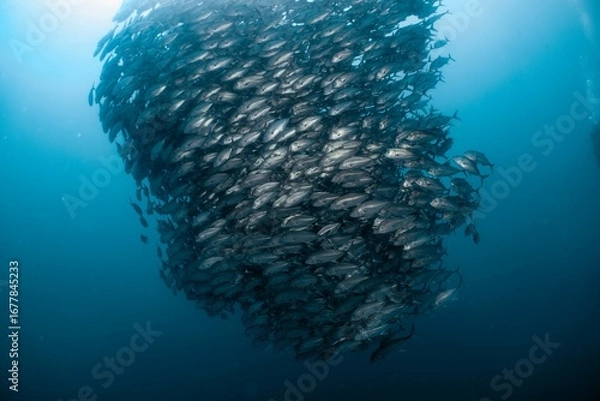 Fototapeta Massive school of fish forms a swirling vortex underwater.