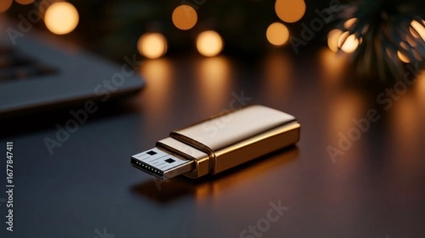 Fototapeta Golden usb flash drive lying on black table near laptop with Christmas lights in background