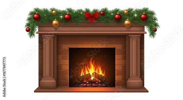 Obraz Christmas decorated wooden fireplace illustration