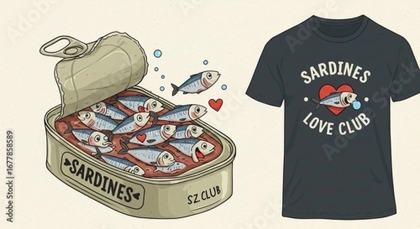 Fototapeta A cartoon illustration of a can of sardines with the text "Sardines Love Club" and a matching t-shirt.