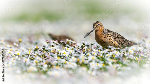 Fototapeta Short-billed Dowitchers (Limnodromus griseus) feeding in a field of daisies during spring migration.. Washington Coast.