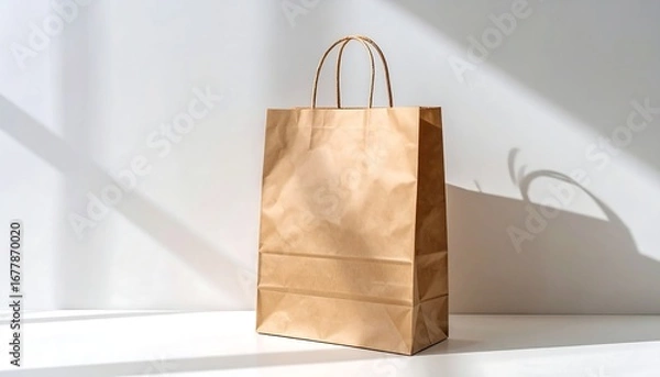 Obraz A simple brown paper shopping bag casting a shadow against a white wall in a studio lighting setup