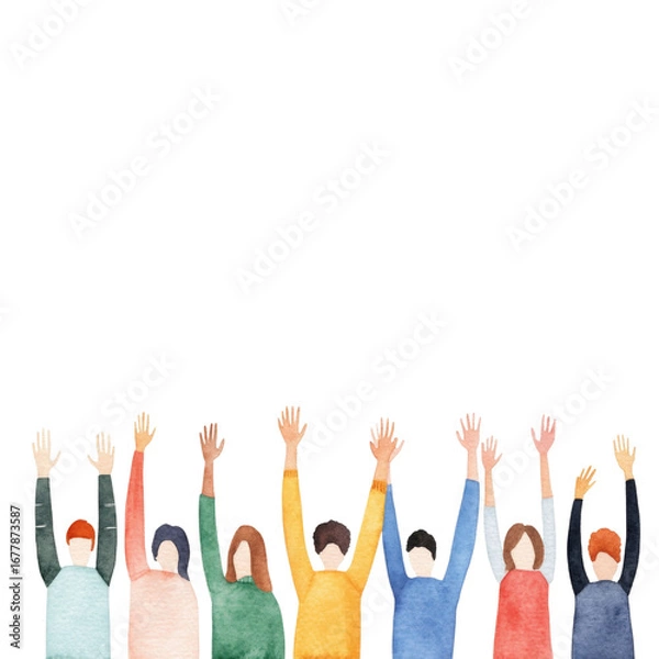 Fototapeta Cheerful group diverse people raised hands watercolor style colorful clothing happy celebration