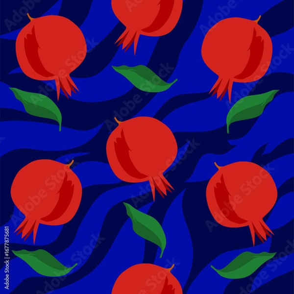 Obraz vector background featuring hand-drawn pomegranates in vibrant red with lush green leaves, set against flowing blue wave tones. The contrasting colors create a lively and seamless pattern, blending 