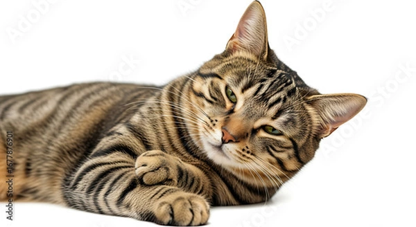 Obraz A tabby cat lying down on a white background with its paws crossed looking sleepy and relaxed today