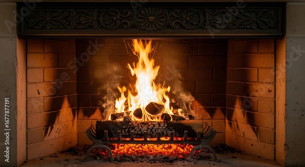Obraz A cozy fireplace with burning logs and bright flames inside a brick surround with decorative mantel