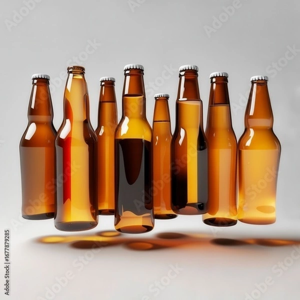 Fototapeta Floating brown beer bottles casting shadows