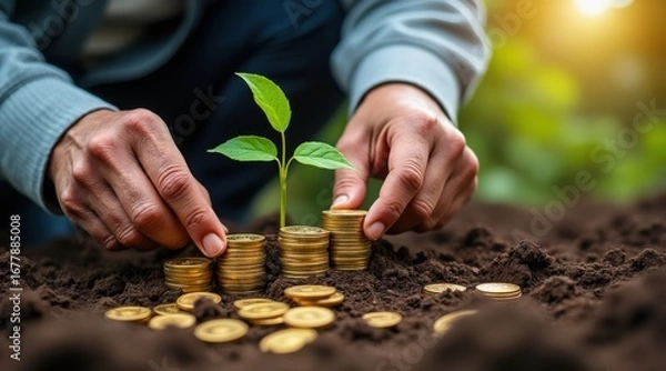 Fototapeta long term investment trend concept. Nurturing growth with coins and a small plant in fertile soil.