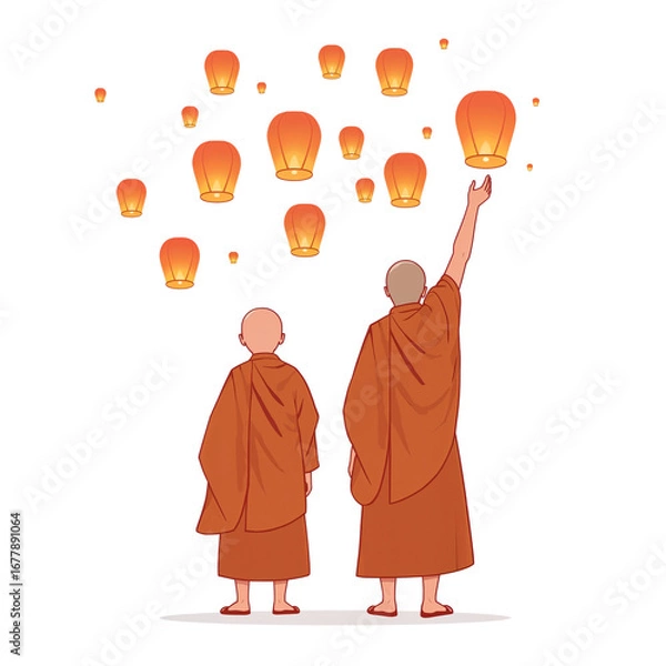 Fototapeta Monks release glowing lanterns into the dark sky in a symbol of enlightenment
