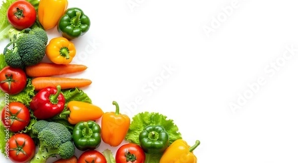 Fototapeta Fresh raw vegetables forming a colorful corner border on a clean white background. Healthy eating and nutrition concept with assorted produce and copy space
