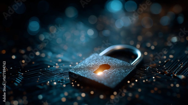 Fototapeta Security in the Digital Age: An evocative image of a padlock, symbolizing protection and data integrity in the face of evolving cyber threats, on a modern digital background.