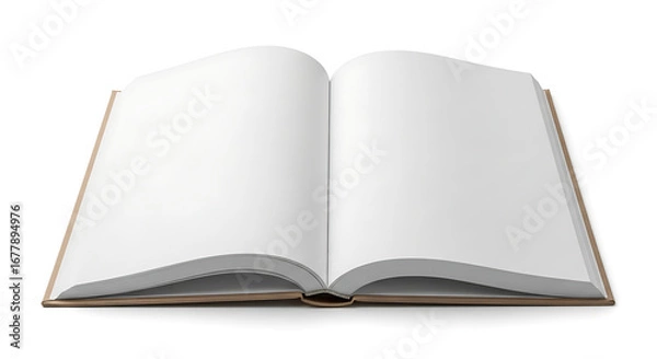 Obraz An open book with blank white pages lying flat on a white surface ready for writing or drawing on