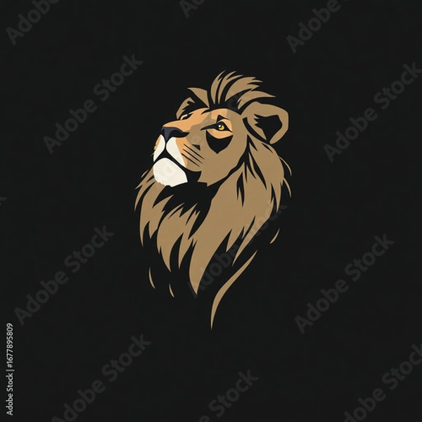 Fototapeta Modern flat design illustration of a majestic lion gazing thoughtfully upward against a black background. The lion is graceful and elegant with refined features, rendered in simple two-dimensional sha