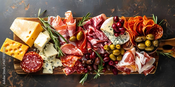 Fototapeta Gourmet charcuterie board overflowing with artisanal cheeses, cured meats, olives, and grapes for a delightful gathering.
