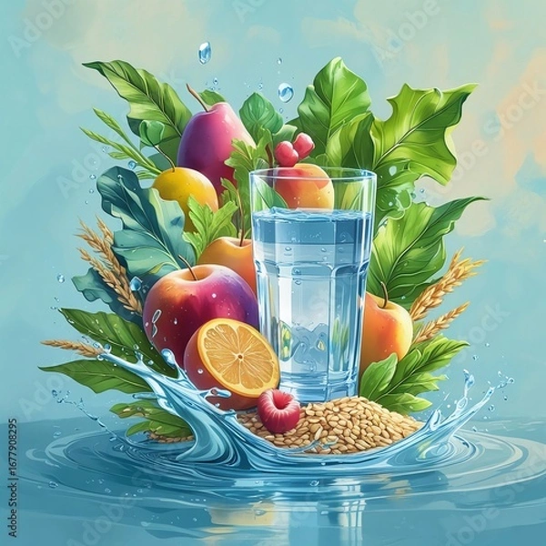 Fototapeta healthy breakfast with fruit juice and fruits