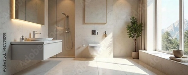 Fototapeta Modern minimalist bathroom with clean lines and luxurious fixtures, featuring a stylish toilet and sleek design elements , wellness, cleanliness