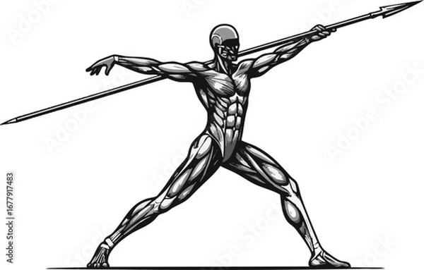 Fototapeta Muscular figure in dynamic pose, holding a spear, with detailed anatomical rendering in black and white.