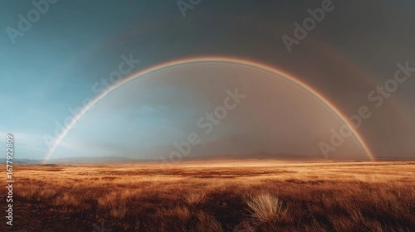 Fototapeta Stunning Rainbow Over Dry Grassland After Rainstorm in Scenic Landscape with Dramatic Cloudy Sky