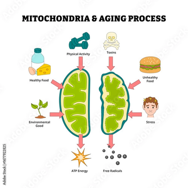 Fototapeta Mitochondria and aging process diagram for medical poster, Healthy Mitochondrion produces ATP energy, cell organelles with Mitochondrial Dysfunction produce of Free radicals. Vector illustration.