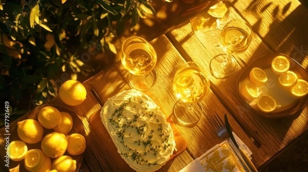 Fototapeta Delightful Lemon Dessert with Fresh Ingredients and Golden Light