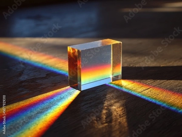 Fototapeta Glass cube refracting light, rainbow spectrum on wood, indoor setting, science experiment