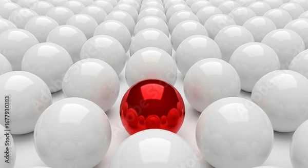 Fototapeta Red sphere standing out from many white spheres representing uniqueness and individuality
