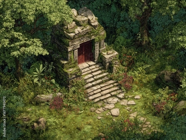 Fototapeta Jungle Temple Ruins Aerial View, Overgrown Steps, Lush Foliage, Adventure Game Background
