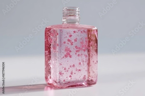 Fototapeta Pink liquid in square bottle on white background.  Product photography for website use