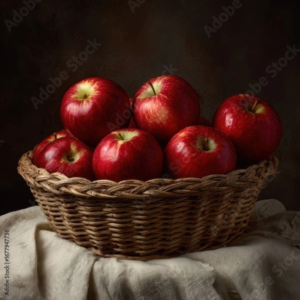Fototapeta Red apples in wicker basket, dark background, still life, food photography (1)