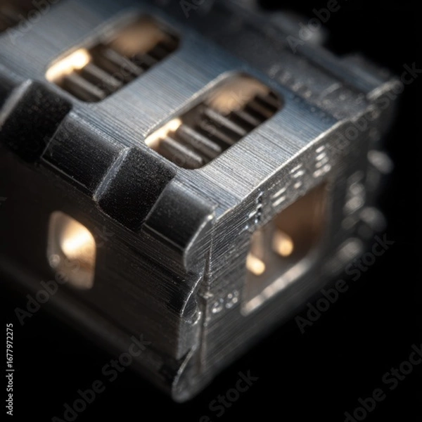 Fototapeta Close-Up of a Detailed Metal Connector with Textured Surface and Precise Design Elements in Dark Background