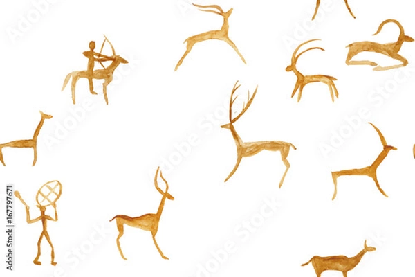 Obraz Imitation of drawing in a cave painted red and orange ocher by an ancient man on a rock wall. Hunting for an animal. Shaman, aboriginal, neanderthal, roe, ram, ship, mammoth, deer. Seamless pattern.
