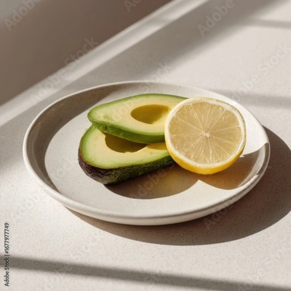 Fototapeta Fresh Avocado Slices and Lemon on Modern Ceramic Plate Against Neutral Background