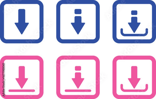Fototapeta Download Arrow Icon Set – Blue and Pink Vector Buttons for Apps, Websites, and UI Design
