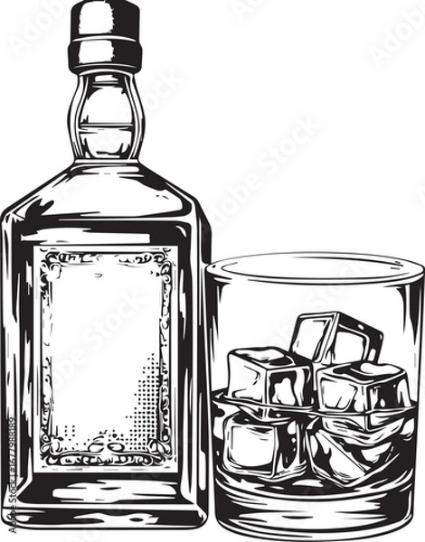 Fototapeta Whiskey Bottle and Glass: A detailed black and white illustration of a whiskey bottle and a glass filled with ice cubes, perfect for drink-related projects or designs.