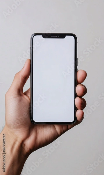 Fototapeta Person Holding a Smartphone with Blank Screen in Hand on Gray Background