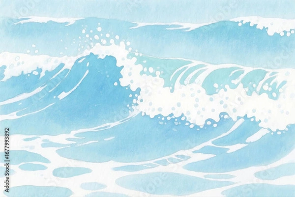 Fototapeta Hand-drawn watercolor illustration of ocean waves with soft blue texture and white foam details