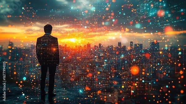 Obraz Urban skyline sunset double exposure with suit silhouette, elegant mysterious global business symbolism