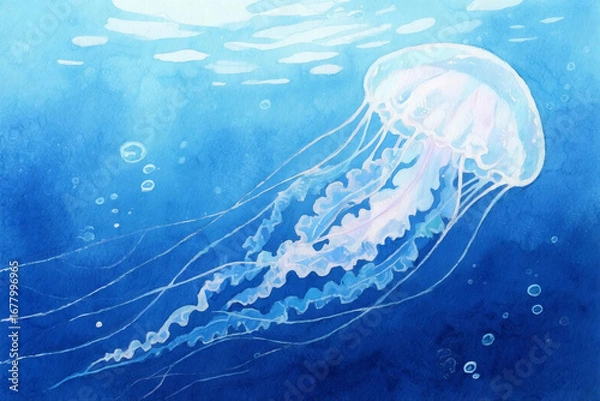 Fototapeta Hand-drawn watercolor jellyfish floating in deep sea, soft transparent textures