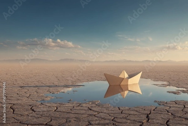 Fototapeta Paper Boat in a Desert Landscape Surrounded by Cracked Dry Earth Reflecting Under Bright Blue Sky