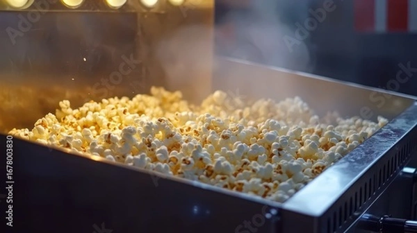 Fototapeta Freshly Popped Popcorn in a Movie Theater Machine with Steam