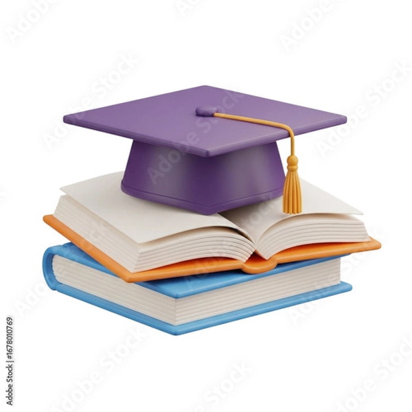 Fototapeta 3d icon of purple graduation cap on a stack of books isolated on transparent background