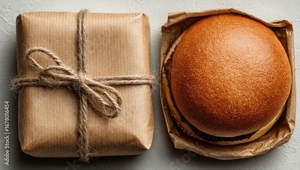 Obraz Wrapped gift and burger on a light surface