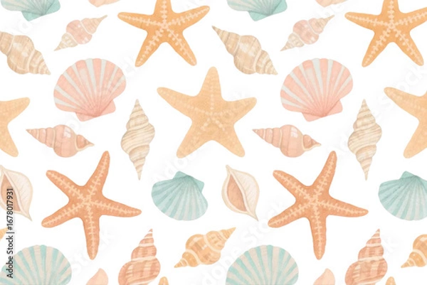 Fototapeta Watercolor hand-drawn seamless pattern of seashells and starfish, pastel tones on white background