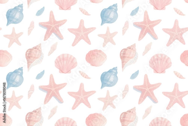 Fototapeta Watercolor hand-drawn seamless pattern of seashells and starfish, pastel tones on white background