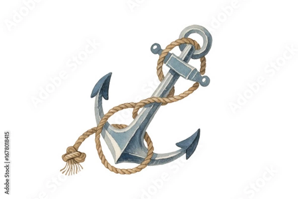 Fototapeta Hand-drawn watercolor anchor and rope with nautical elements, vintage soft texture