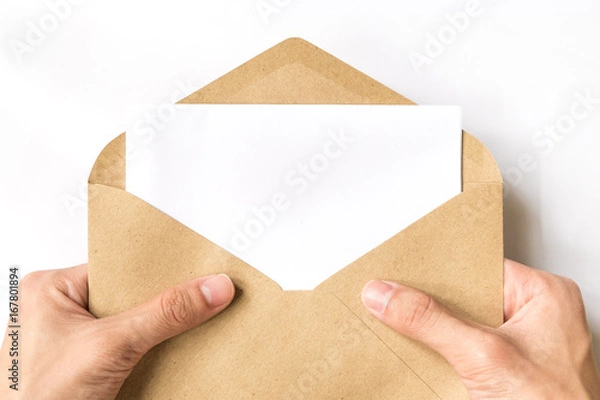 Fototapeta hand opening brown Document Envelope with copy space on white background